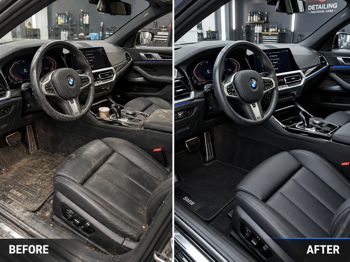 Vorher-Nachher Innenraumaufbereitung BMW bei Jor's Carservice