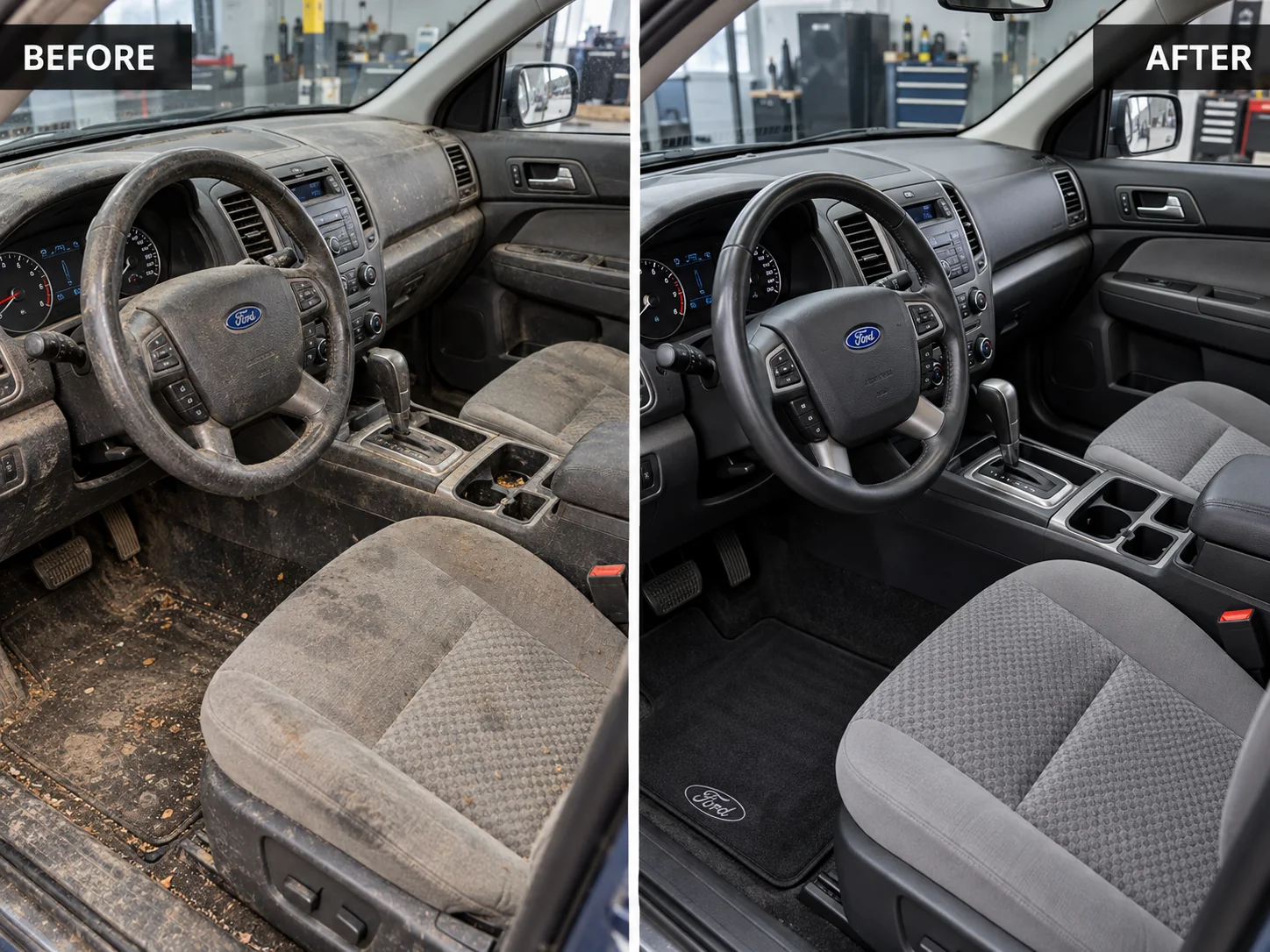 Vorher-Nachher Innenraumaufbereitung Ford bei Jor's Carservice